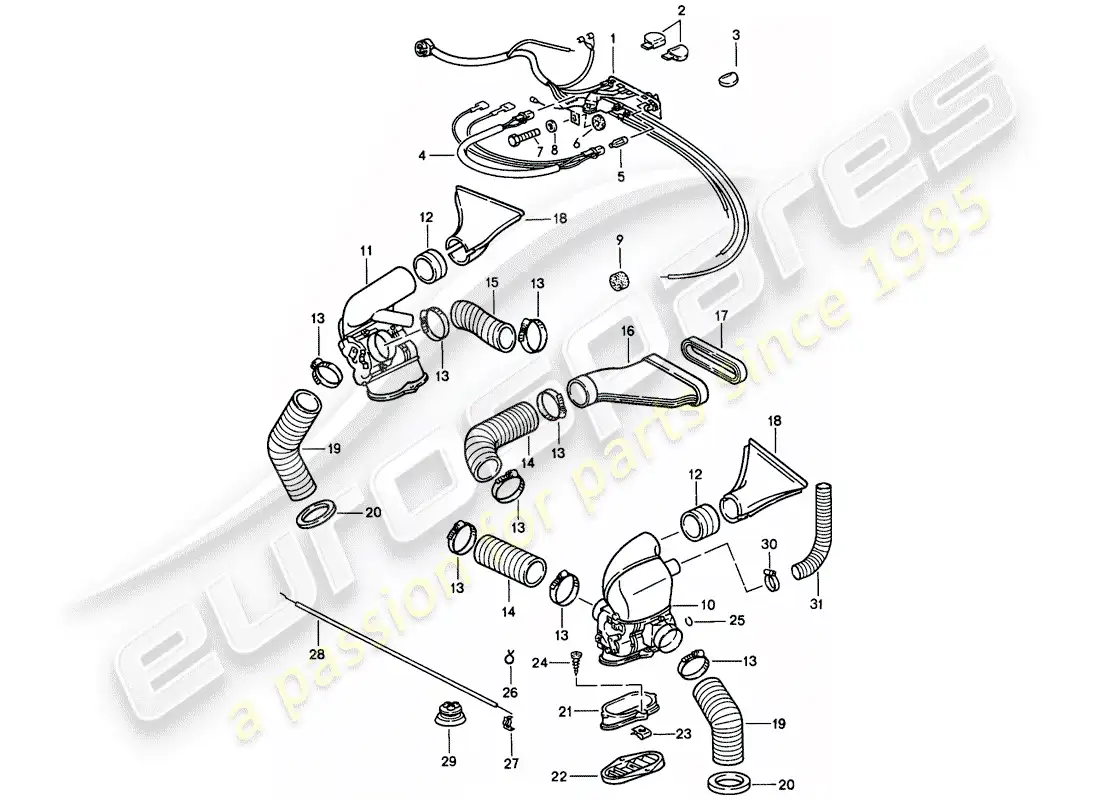 porsche 1985 (911) ventilación - sistema de calefacción 2 diagrama de piezas
