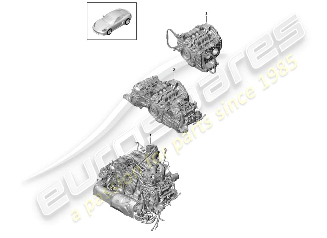 porsche 2021 (718 cayman) motor de repuesto para vehículos con filtro de partículas de gasolina pero sin: disco de embrague - pdk - caja de cambios pero sin: volante motor caja de cambios manual incluido compresor aire acondicionado diagrama de piezas