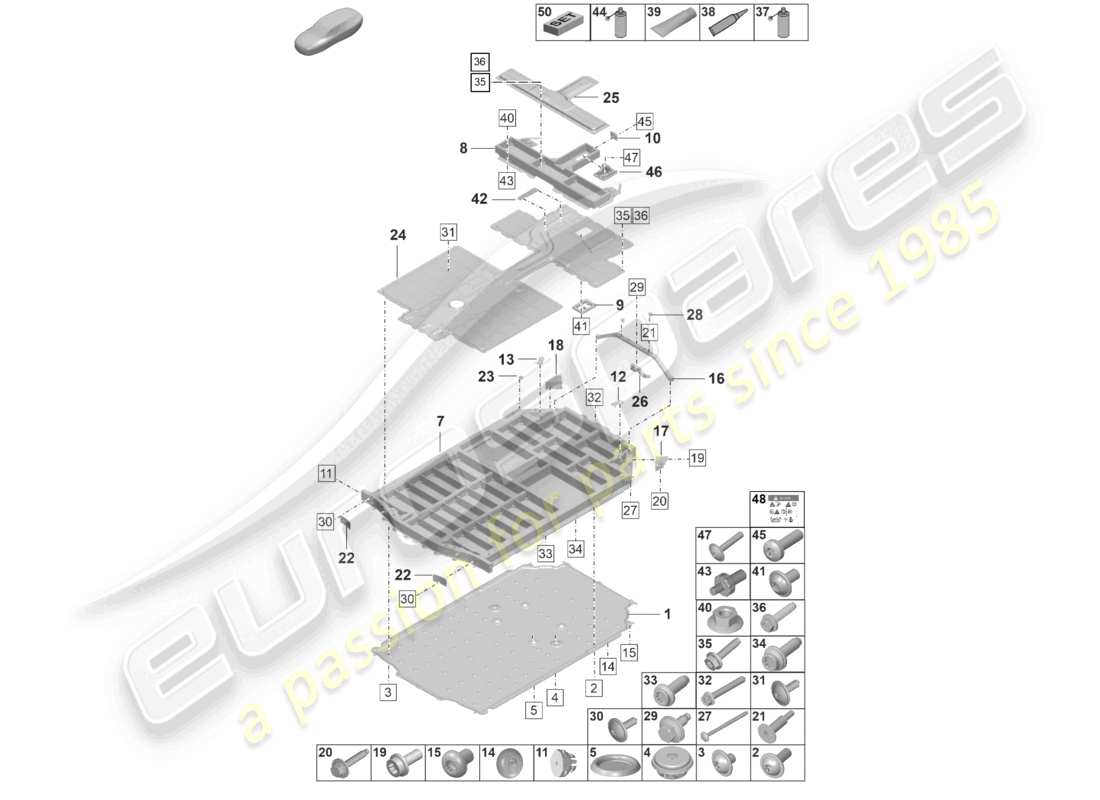 porsche 2021 (taycan 9j1-1) diagrama de piezas de la carcasa de la unidad de accionamiento eléctrico de la batería de repuesto