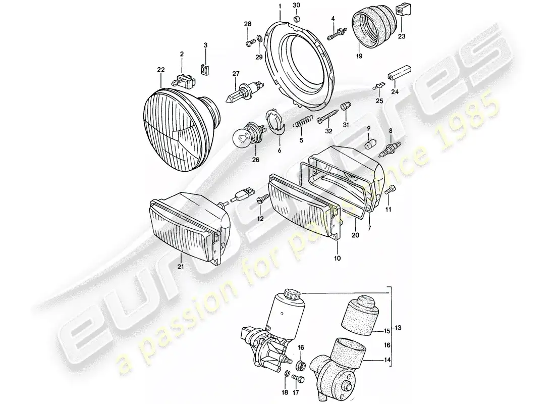 porsche 1984 (944) faro delantero - motor eléctrico - faro emergente diagrama de piezas