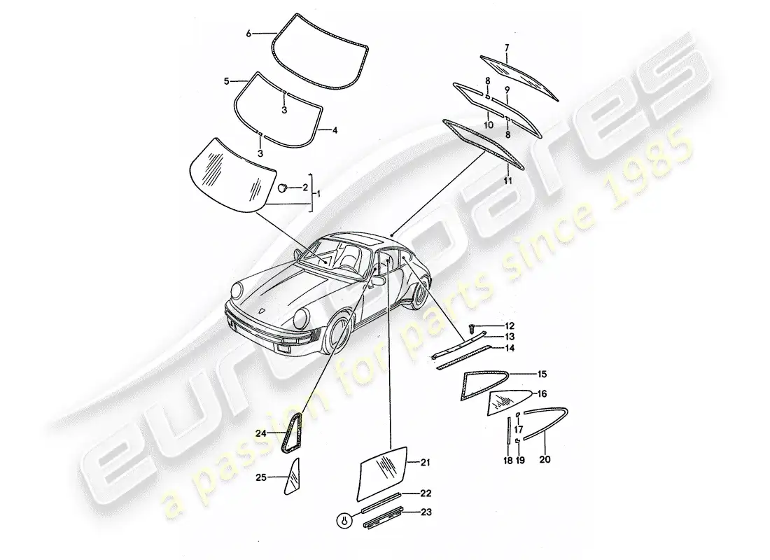 porsche 1987 (911) acristalamiento de ventanas diagrama de piezas