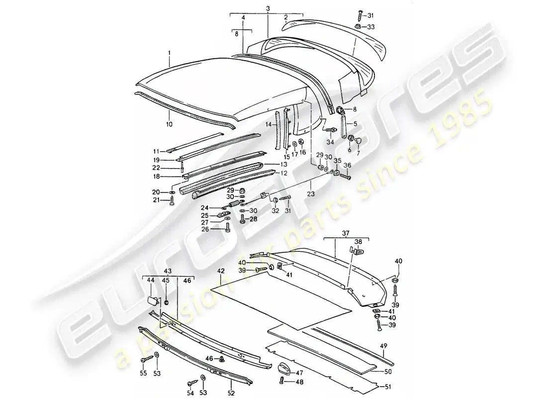 porsche 1992 (964) cubierta superior convertible - banda de sello - piezas individuales diagrama de piezas