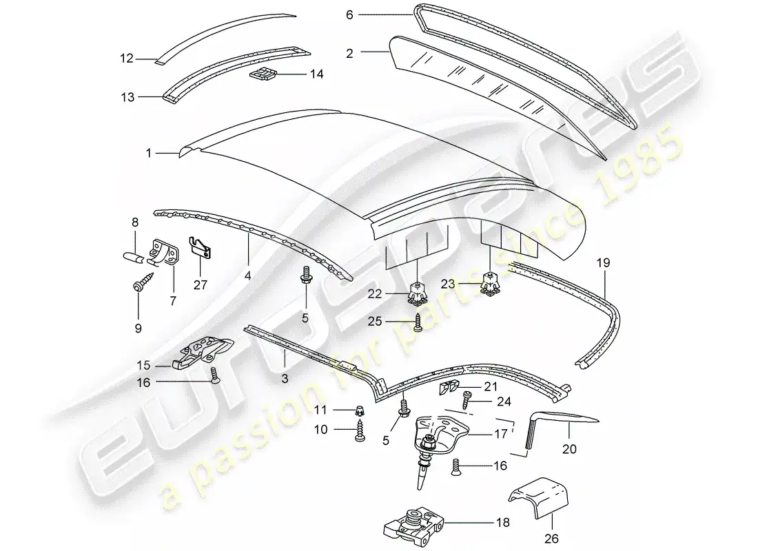 porsche 1998 (996) techo rígido - accesorios - juntas diagrama de piezas