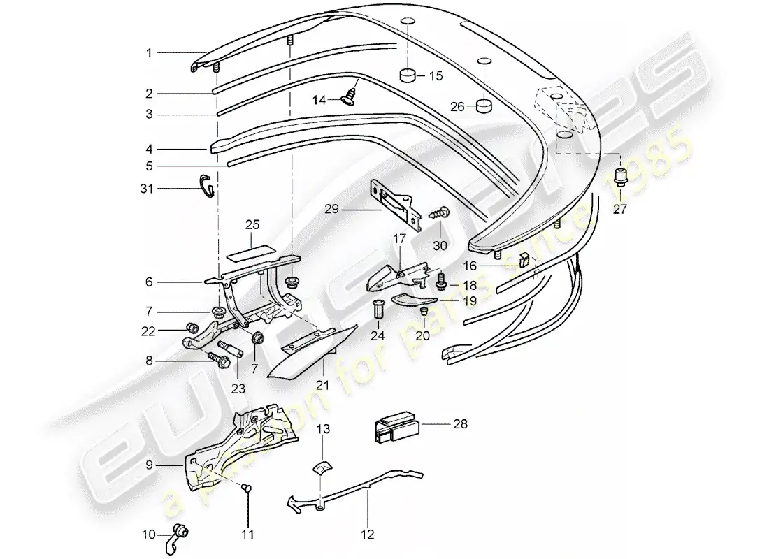 porsche 1998 (996) caja de almacenaje superior - tapa - juntas diagrama de piezas