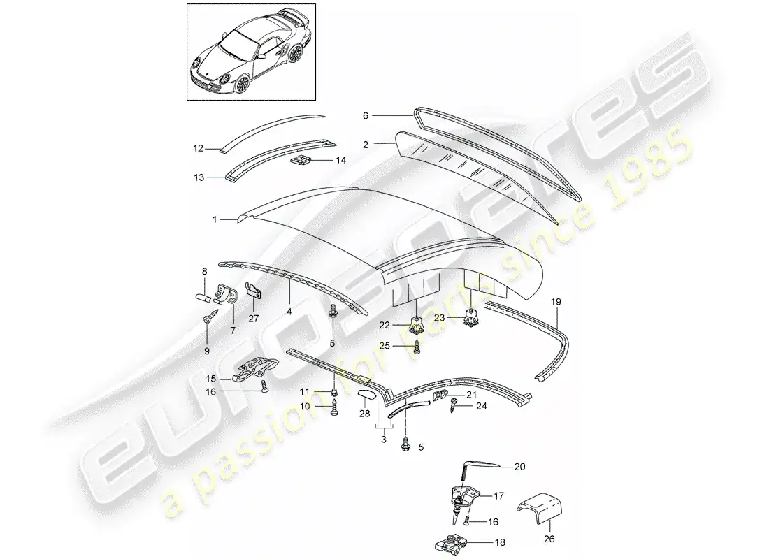 porsche 2009 997-2 turbo / gt2 techo rígido diagrama de piezas