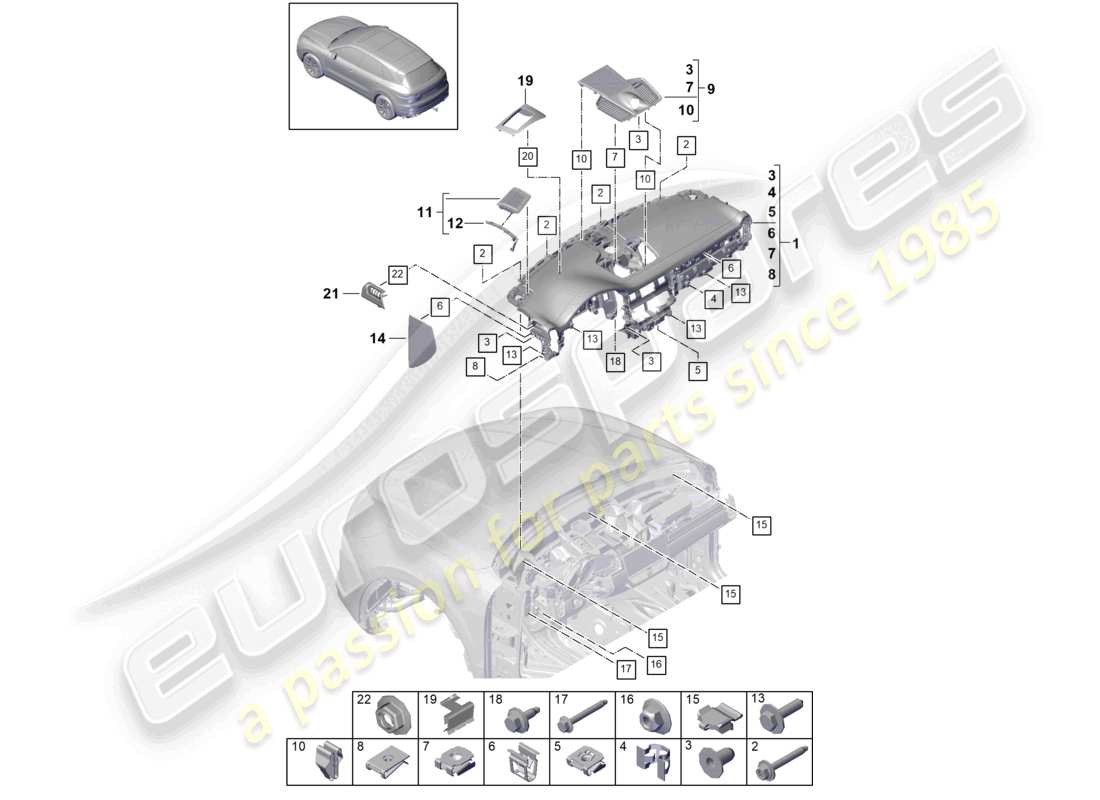 porsche 2024 (cayenne e3 9ya/9yb) diagrama de piezas de accesorios y molduras superiores del panel de instrumentos