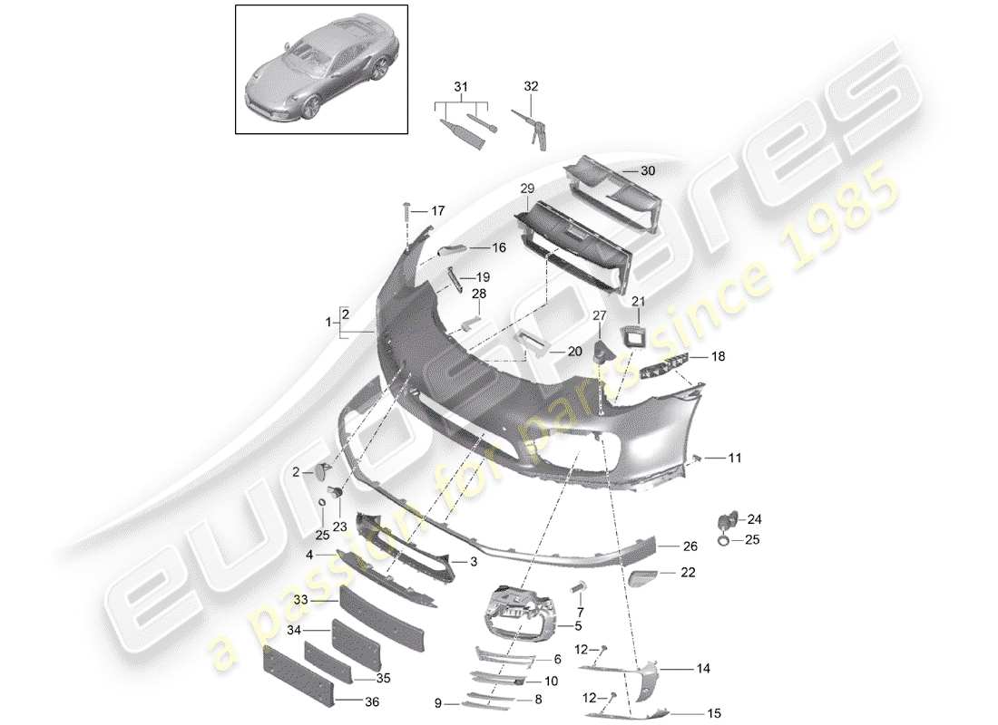 porsche 991 turbo (2018) diagrama de piezas del parachoques