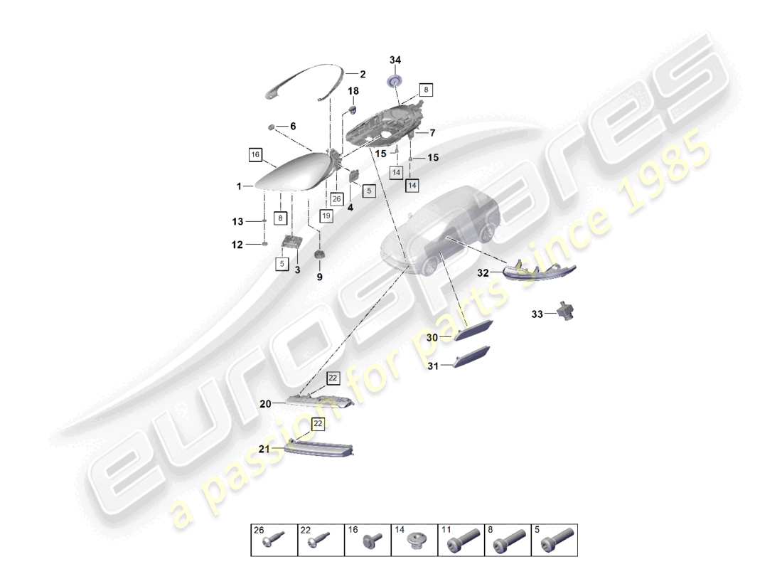 porsche 2024 (cayenne e3 9ya/9yb) faro led repetidor de señal de giro luces antiniebla diagrama de piezas