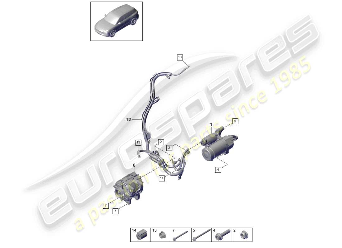 porsche 2022 (cayenne e3 9ya/9yb) diagrama de piezas del alternador de arranque