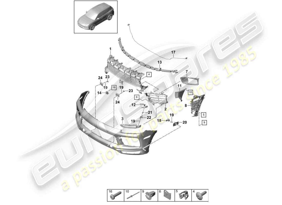 porsche 2022 (cayenne e3 9ya/9yb) diagrama de piezas de parachoques, piezas individuales y sujetadores