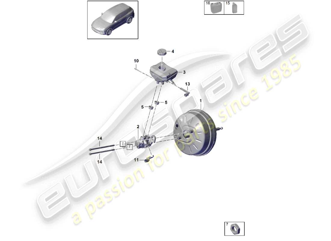 porsche 2024 (cayenne e3 9ya/9yb) diagrama de piezas del servofreno y del cilindro maestro del freno