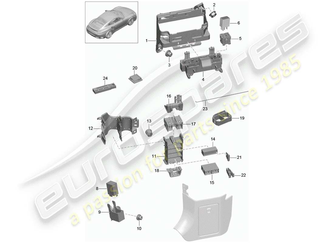 porsche 991 turbo (2018) diagrama de piezas de la caja de fusibles/placa de relé
