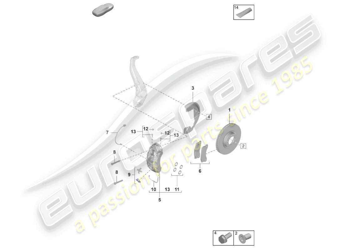 porsche 2022 (panamera 971-2) diagrama de piezas del eje delantero del freno de disco