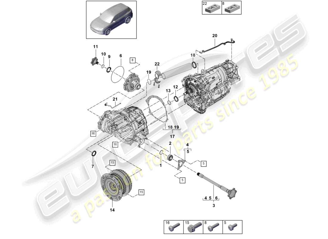 porsche 2022 (cayenne e3 9ya/9yb) diagrama de piezas del convertidor de eje con brida de caja de cambios automática 8-speed para tracción en las cuatro ruedas