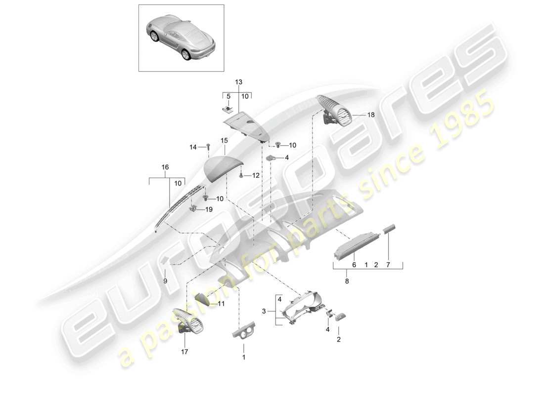 porsche 2021 (718 cayman) accesorios moldura del panel de instrumentos parte superior diagrama de piezas