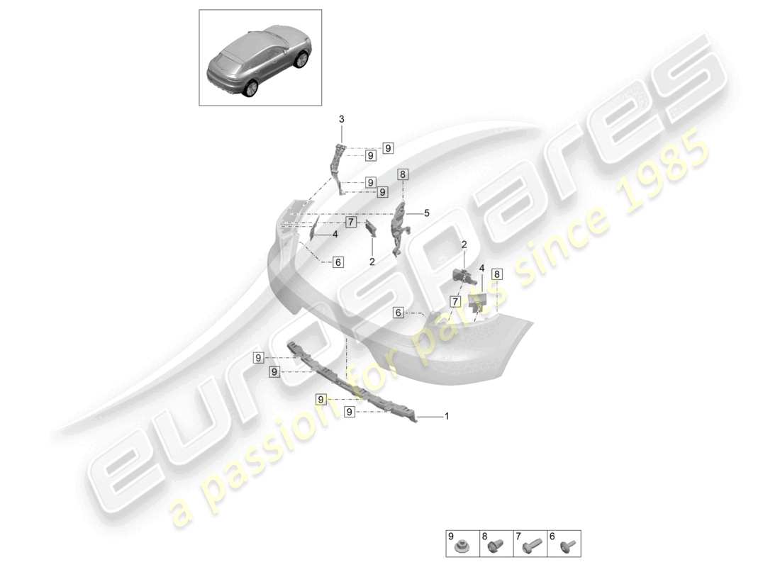 porsche 2021 (macan) fijaciones parachoques trasero diagrama de piezas