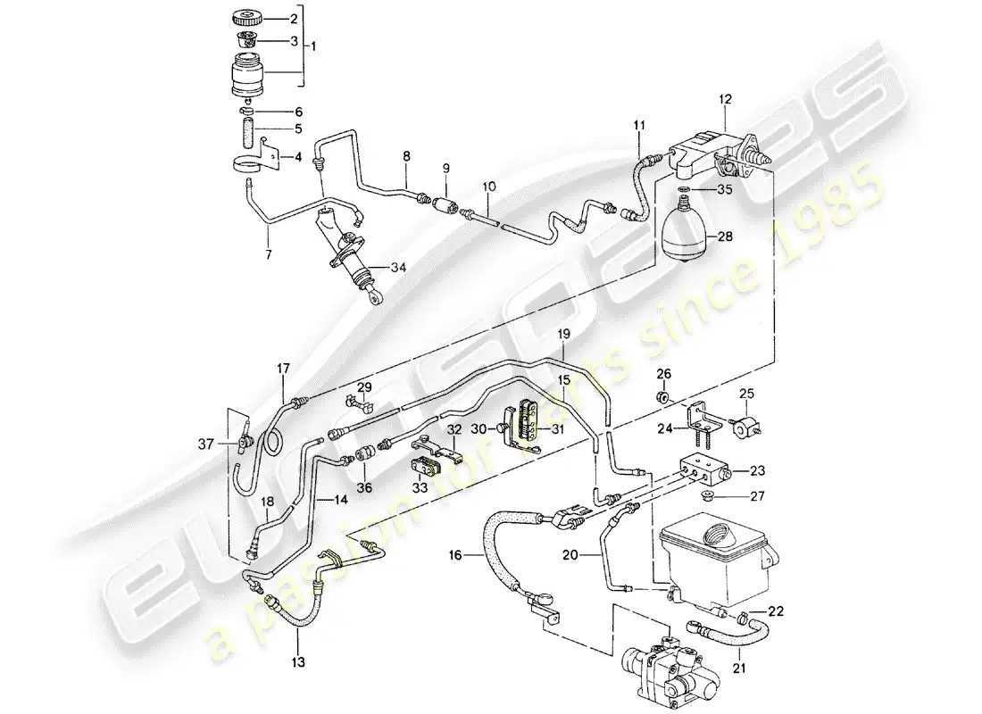 porsche 1995 (993) actuación del embrague - cilindro maestro del embrague - cilindro esclavo del embrague - unidad de presión - conductos - contenedor diagrama de piezas