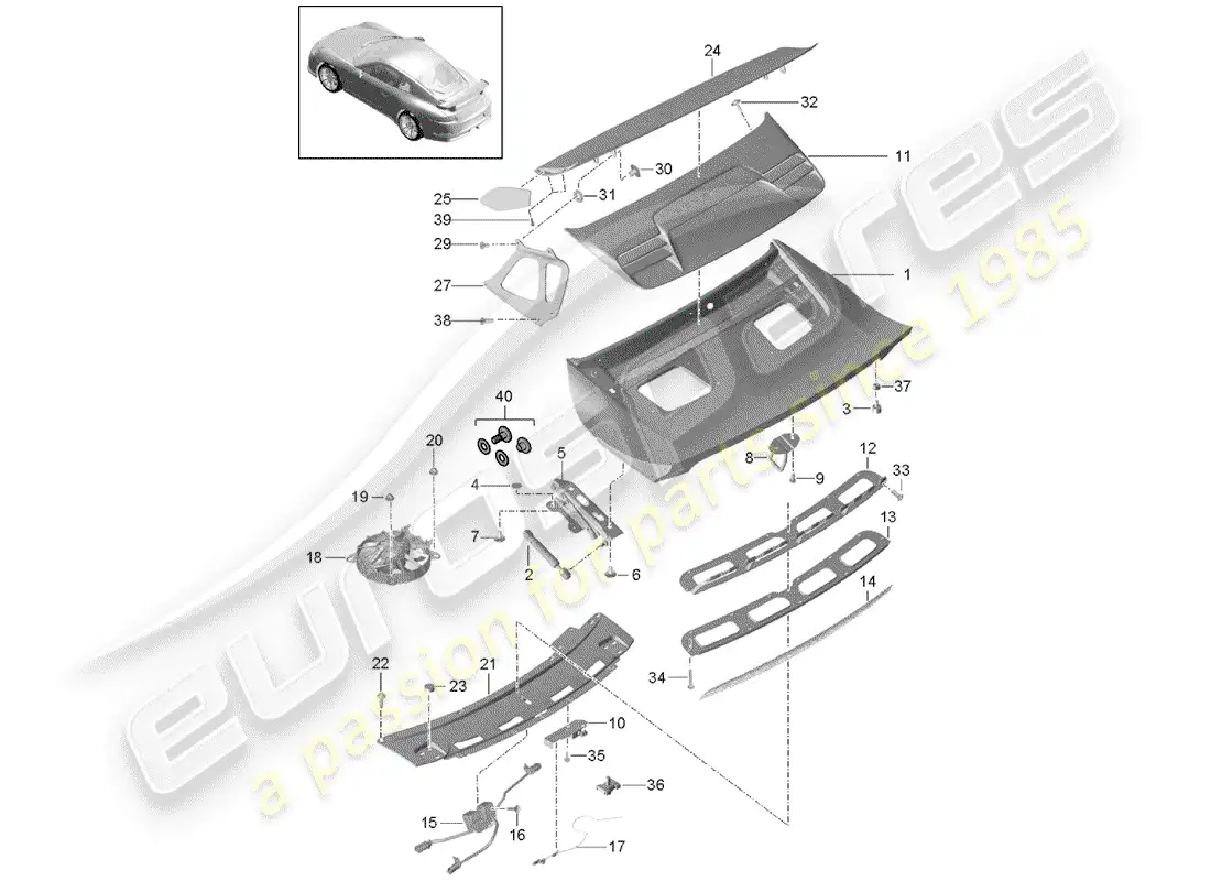porsche 2016 (991-1 r/gt3/rs) alerón trasero diagrama de piezas