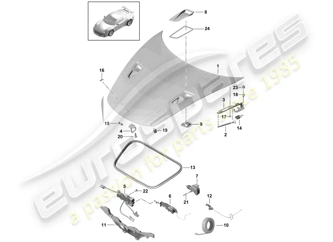 porsche 2016 (991-1 r/gt3/rs) capucha diagrama de piezas