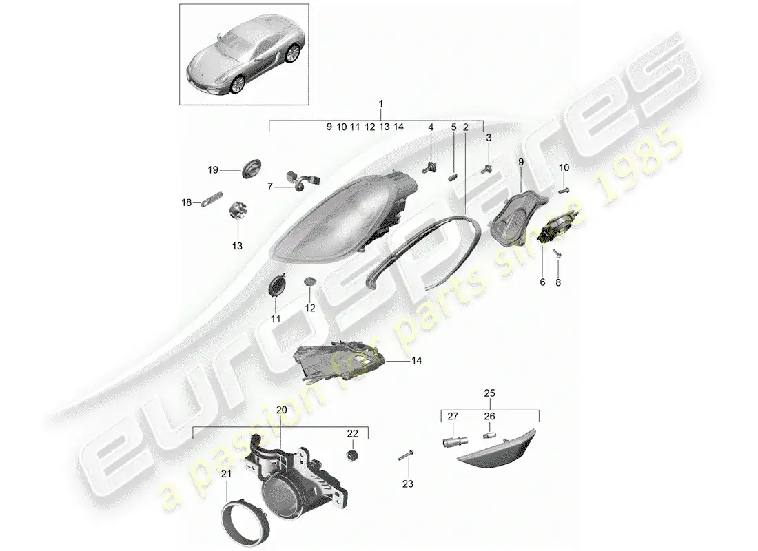 porsche 2015 (981 cayman) lámpara de cabeza diagrama de piezas