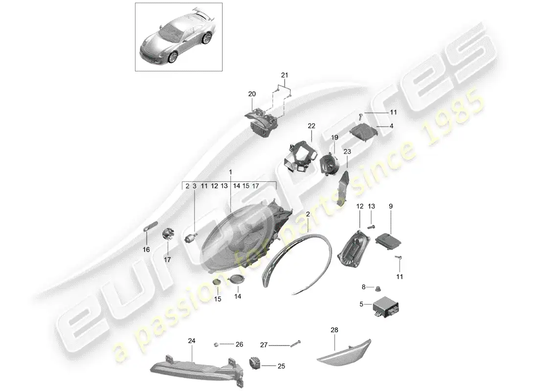 porsche 2014 (991-1 r/gt3/rs) lámpara de cabeza diagrama de piezas