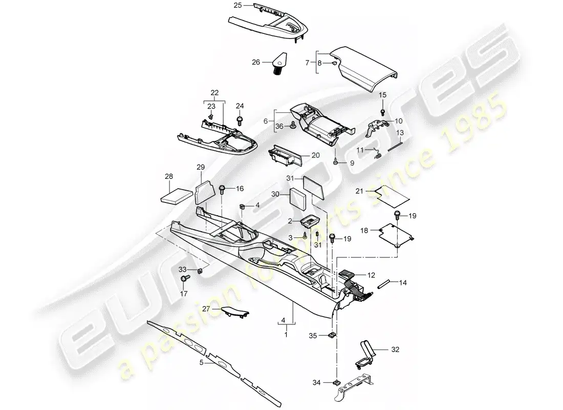 porsche 2005 (987 boxster) center console diagrama de piezas