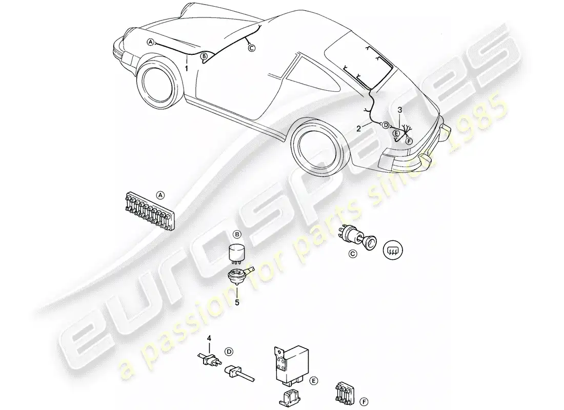 porsche 1986 (911) juegos de cables - calefacción de parabrisas - calefacción de luna trasera diagrama de piezas