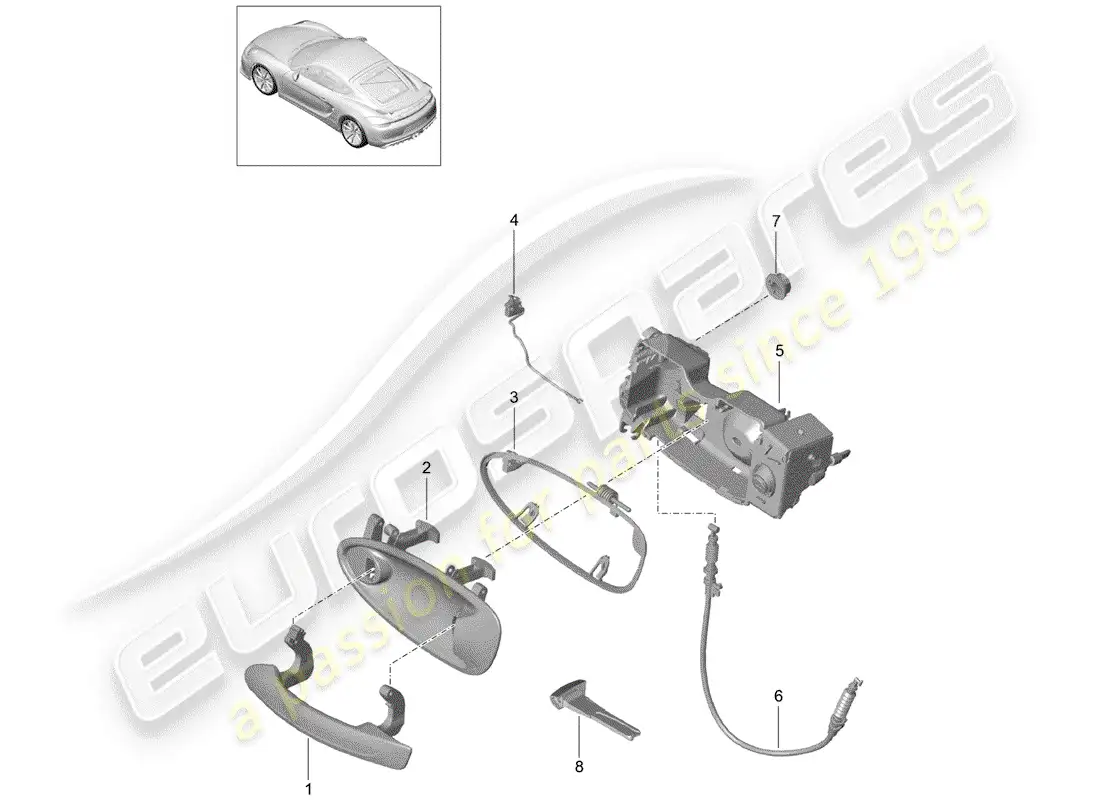 porsche 2016 (981 cayman gt4) diagrama de piezas de la manija de la puerta