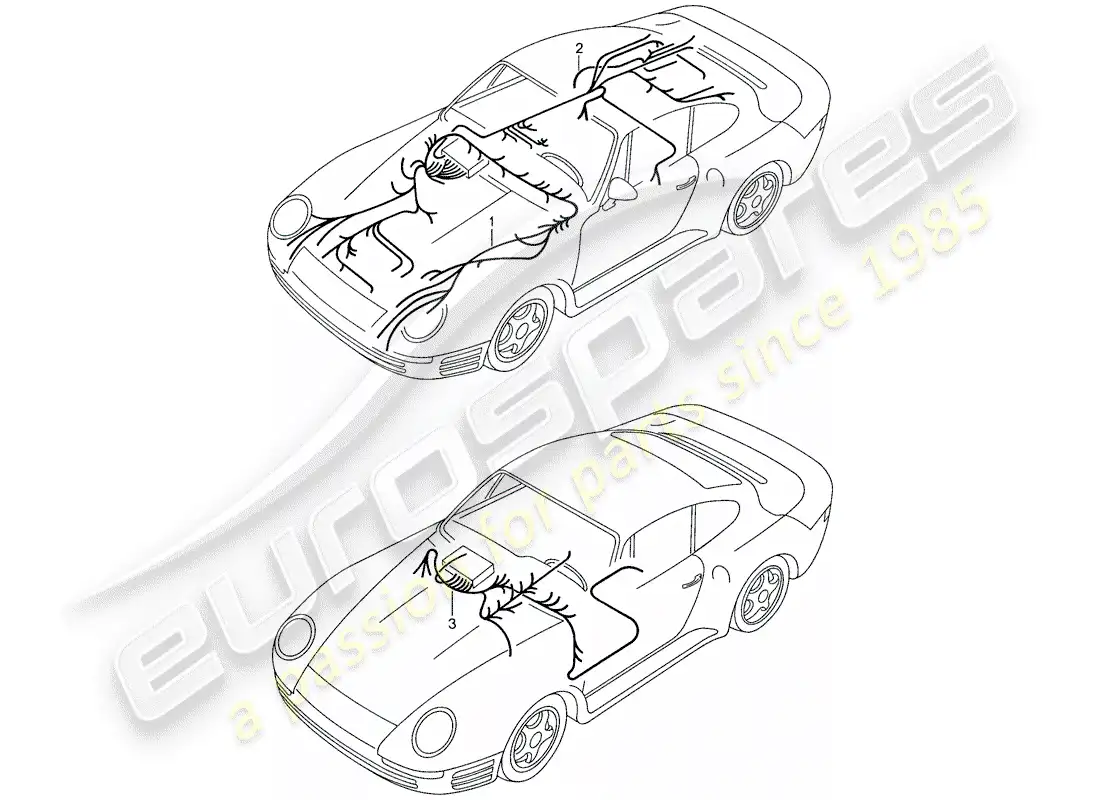 porsche 1987 (959) mazo de cables - maletero delantero - salpicadero - extremo trasero diagrama de piezas