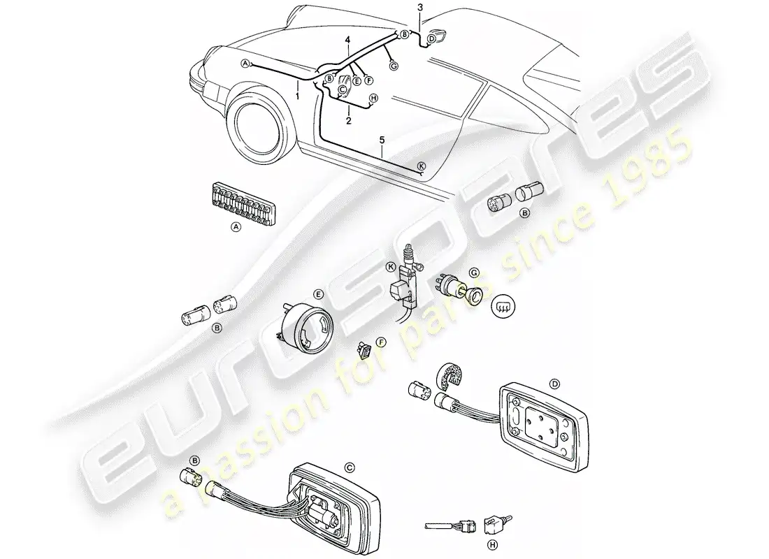 porsche 1986 (911) mazo de cables - espejo retrovisor - ajustable eléctricamente - sistema de cierre centralizado diagrama de piezas