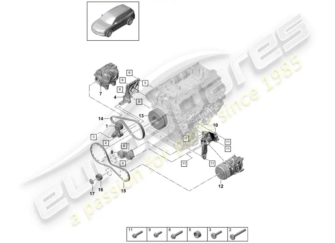 porsche 2019 (cayenne e3 9ya/9yb) cinturón acanalado en v diagrama de piezas