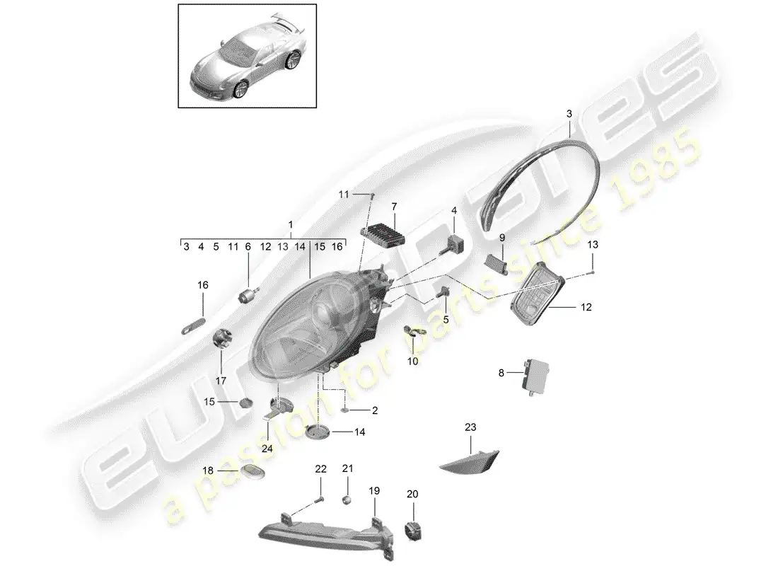 porsche 2014 (991-1 r/gt3/rs) lámpara de cabeza diagrama de piezas