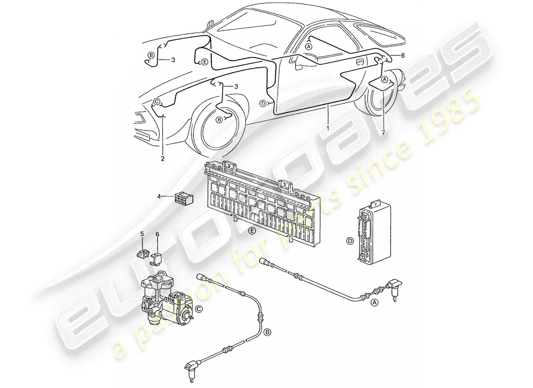 porsche 1988 (928) mazo de cables - sistema de freno antibloqueo -abdominales- diagrama de piezas