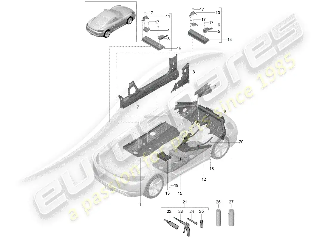 porsche 2019 (718 cayman) placas de piso diagrama de piezas