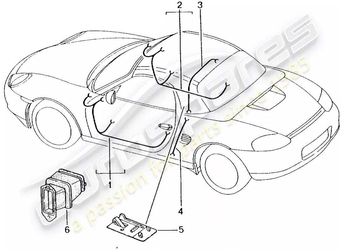 porsche 1998 (986 boxster) arneses de cableado - puerta del conductor - puerta del pasajero - techo rígido diagrama de piezas