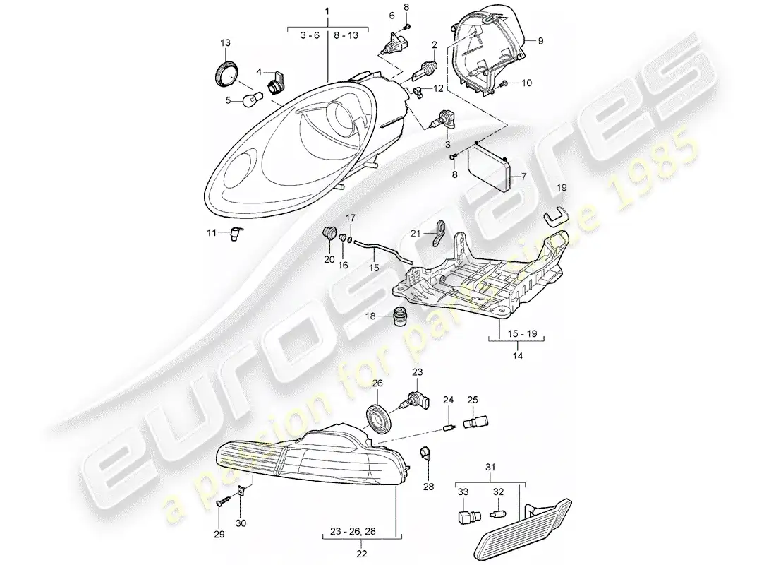 porsche 2006 (987 boxster) lámpara de cabeza diagrama de piezas