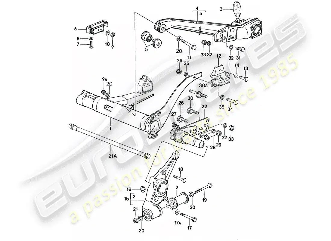 porsche 1976 (924) portador del eje trasero - brazo arrastre diagrama de piezas