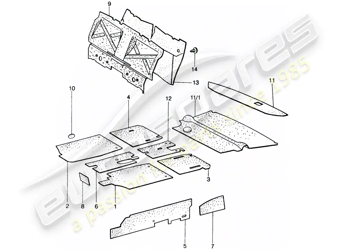 porsche 1975 (914) absorbente de sonido diagrama de piezas