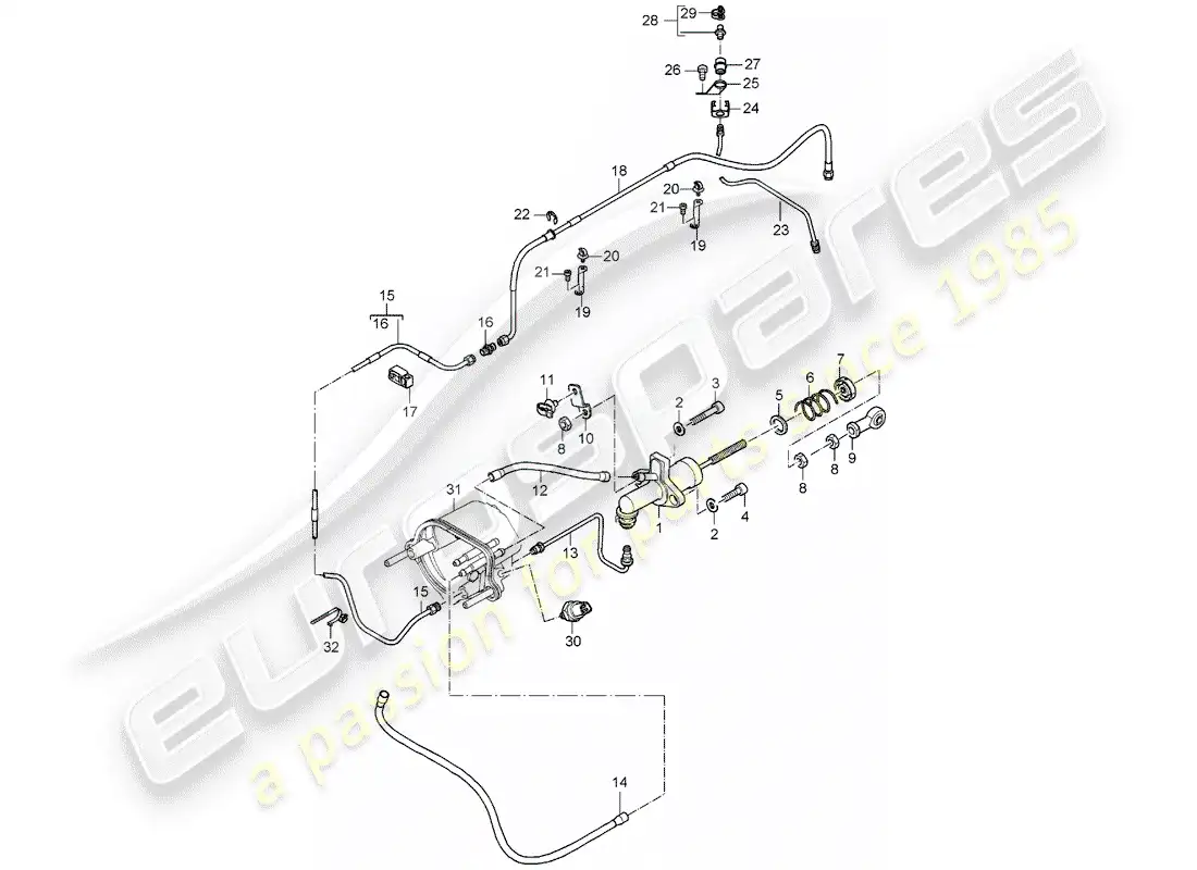 porsche 2005 (carrera gt) embrague hidráulico - funcionamiento - cilindro maestro del embrague - tubo del embrague hidráulico diagrama de piezas