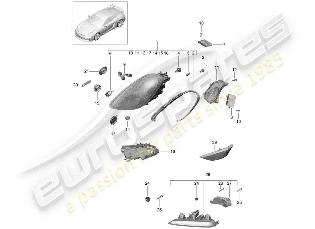 porsche 2016 (981 cayman gt4) lámpara de cabeza diagrama de piezas