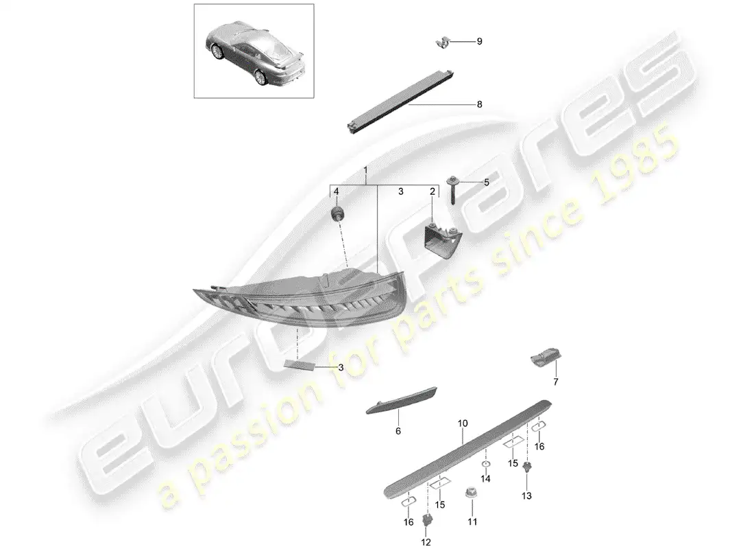 porsche 2014 (991-1 r/gt3/rs) luz trasera diagrama de piezas