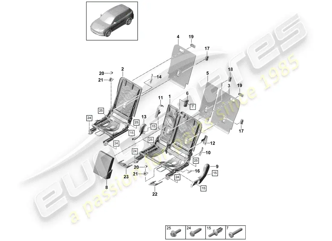 porsche 2020 (cayenne e3 9ya/9yb) respaldo del asiento trasero diagrama de piezas
