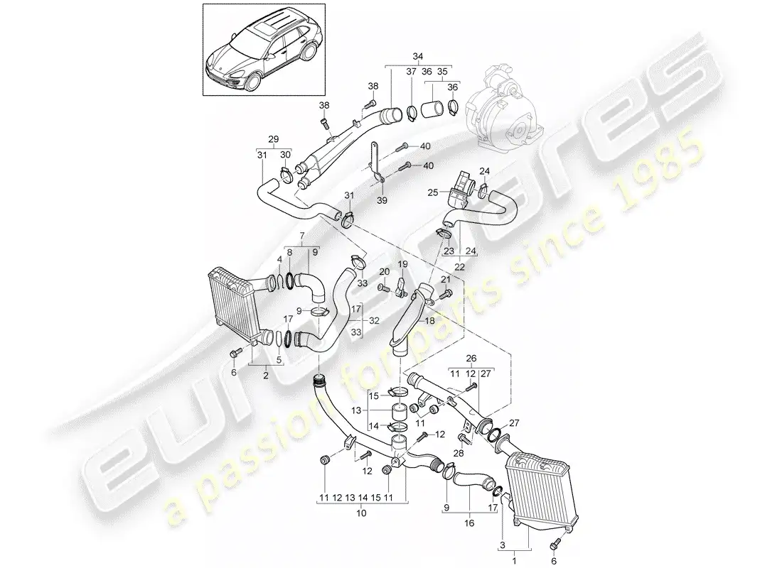 porsche 2013 (cayenne e2 92a) diagrama de piezas del enfriador de aire de carga