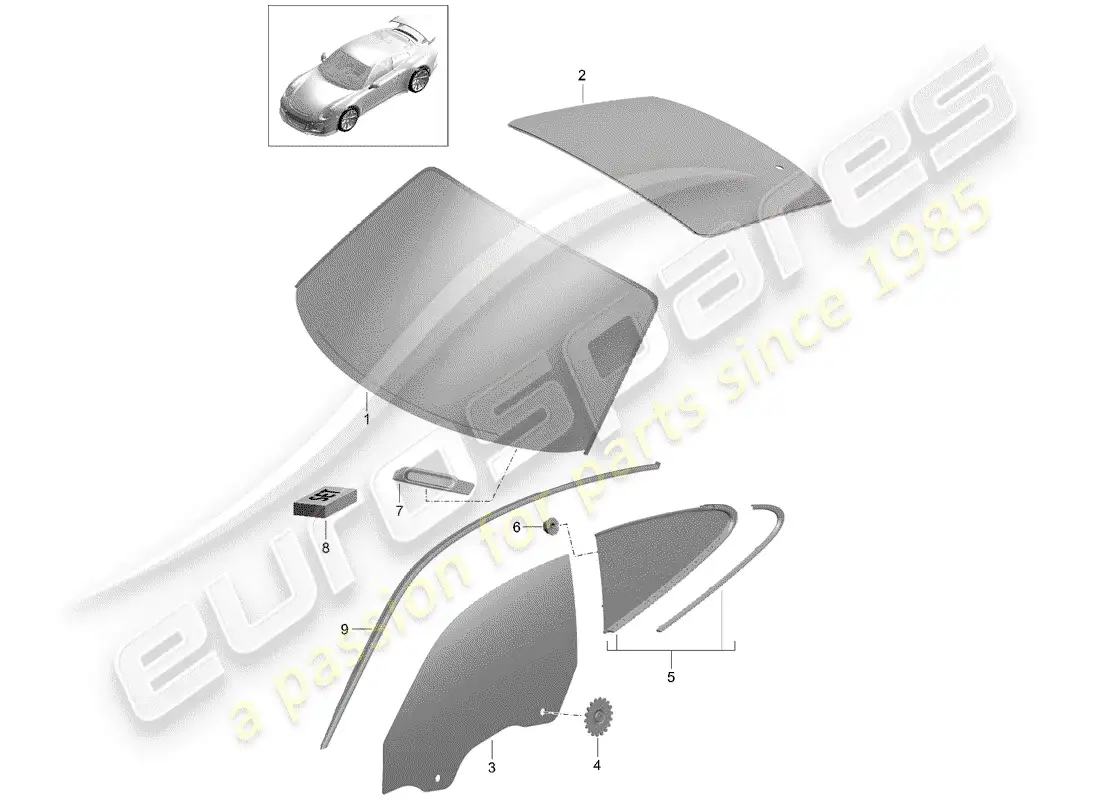 porsche 2019 (991-2 r/gt3/rs) vidrio del parabrisas diagrama de piezas