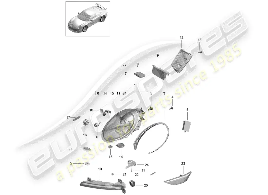porsche 2014 (991-1 r/gt3/rs) lámpara de cabeza diagrama de piezas