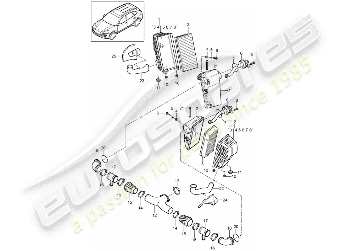 porsche 2013 (cayenne e2 92a) filtro de aire con conexión diagrama de piezas