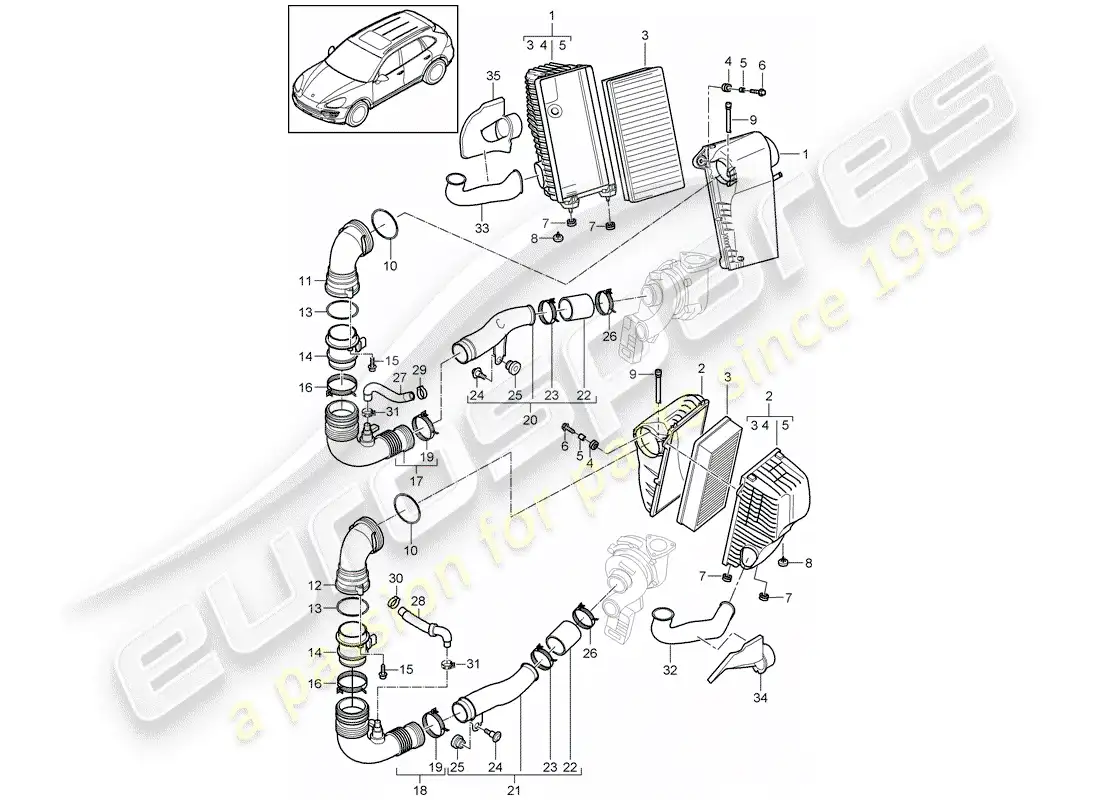 porsche 2013 (cayenne e2 92a) filtro de aire con conexión diagrama de piezas