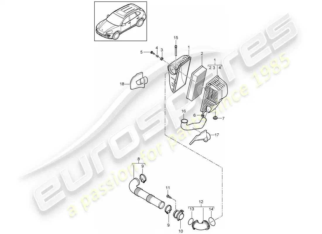 porsche 2016 (cayenne e2 92a) filtro de aire con conexión diagrama de piezas
