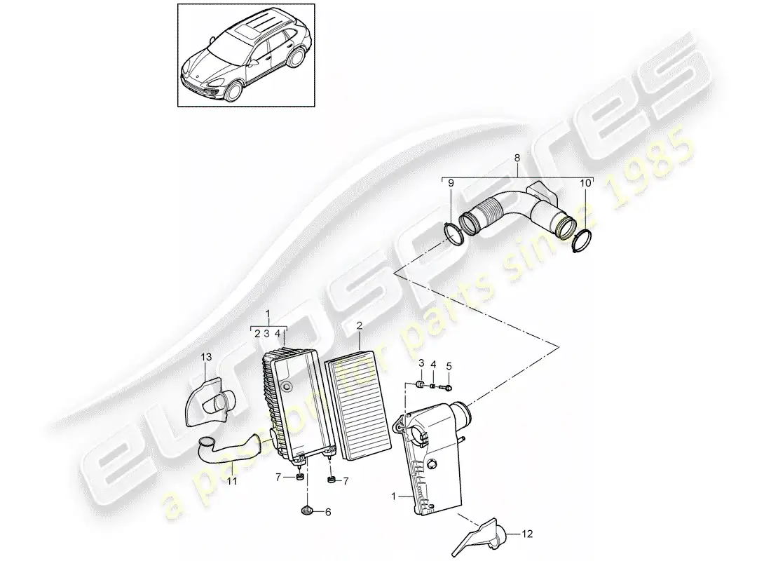 porsche 2013 (cayenne e2 92a) filtro de aire con conexión diagrama de piezas