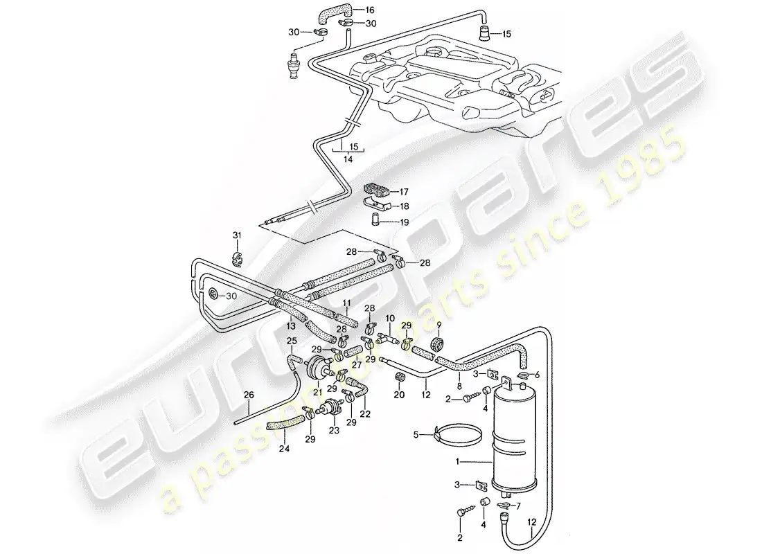 porsche 1990 (944) bote de emisiones evaporativas diagrama de piezas